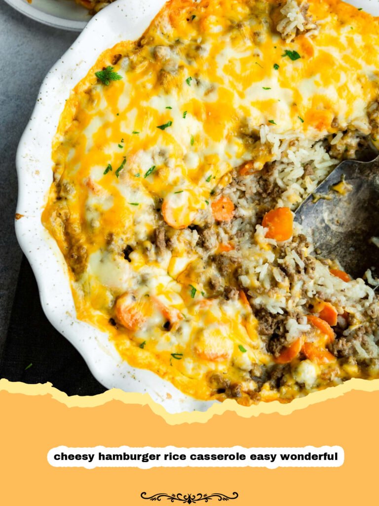 The Ultimate Cheesy Hamburger Rice Casserole: Easy, Wonderful, and Pure Comfort! 5 Close-up of a bubbling Cheesy Hamburger Rice Casserole with melted golden cheese on top, scooped into a serving bowl.