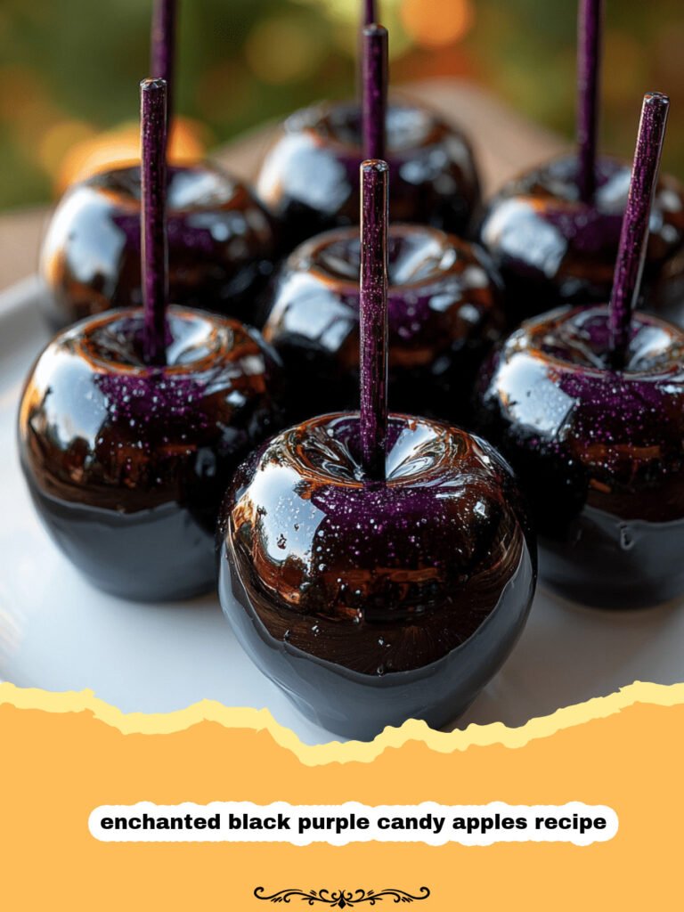 Enchanted black purple candy apples on a stick, gleaming with a glossy, dark, mystical coating.