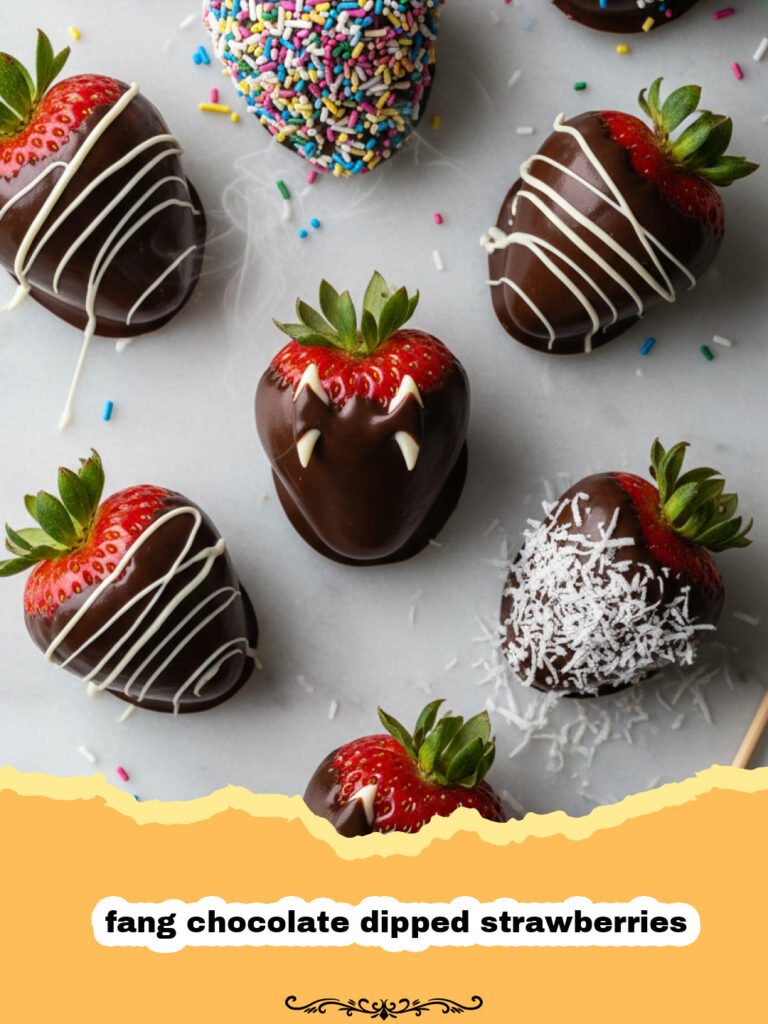 A plate of fang chocolate dipped strawberries that look like little vampires with almond fangs.