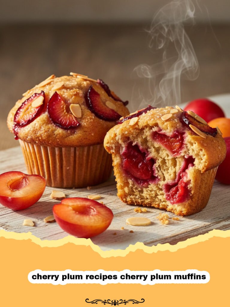 The Most Delicious Cherry Plum Muffins You Will Ever Taste 5 cherry plum recipes cherry plum muffins - Golden brown cherry plum muffins with purple fruit pieces showing through
