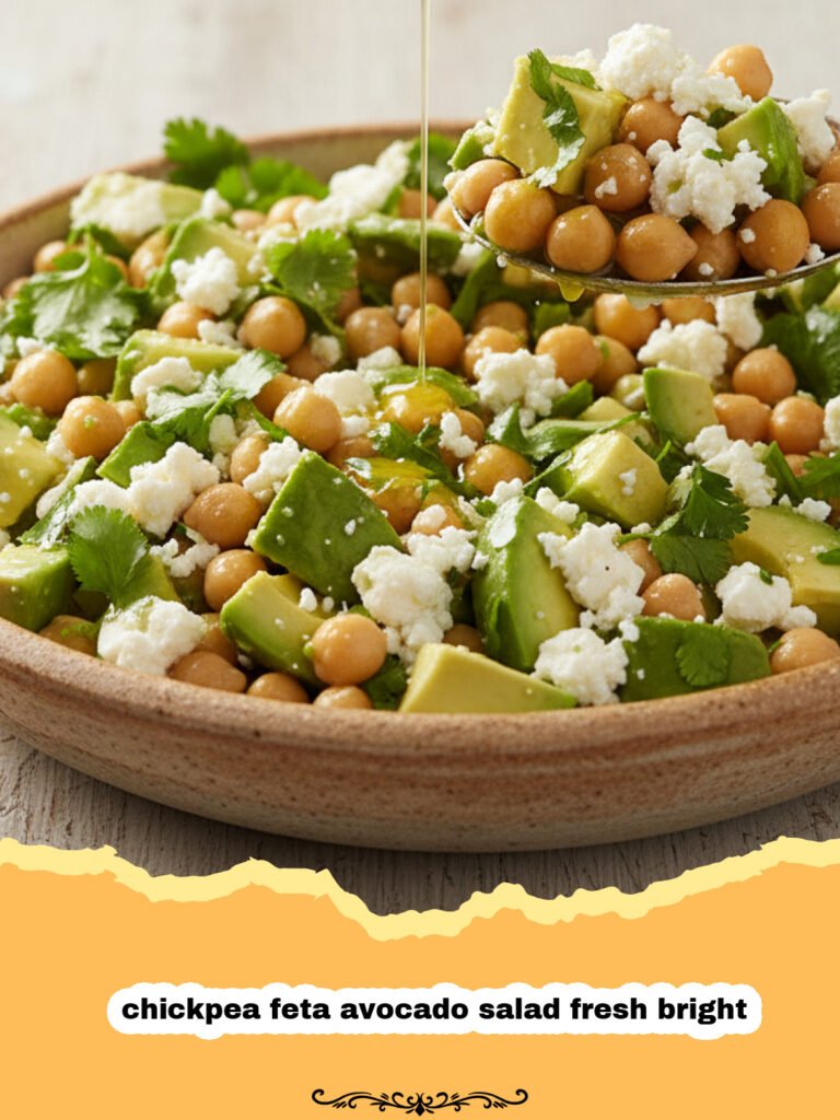 The Ultimate Fresh & Bright Chickpea Feta Avocado Salad 5 Vibrant chickpea feta avocado salad in a bowl with fresh herbs and lemon dressing