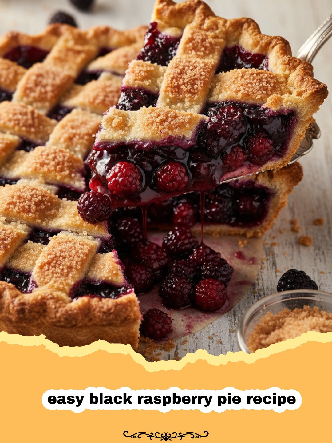 easy black raspberry pie recipe - A golden brown black raspberry pie with a lattice crust and purple berry filling bubbling through.