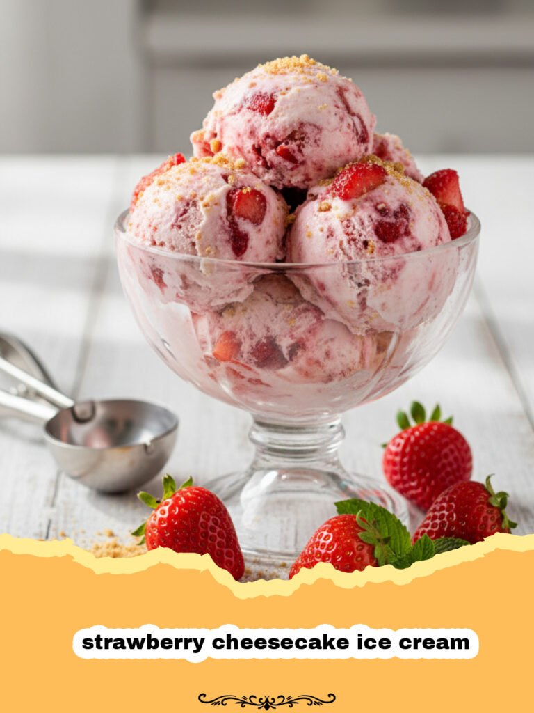 A close up scoop of creamy strawberry cheesecake ice cream with red swirls and graham cracker bits.
