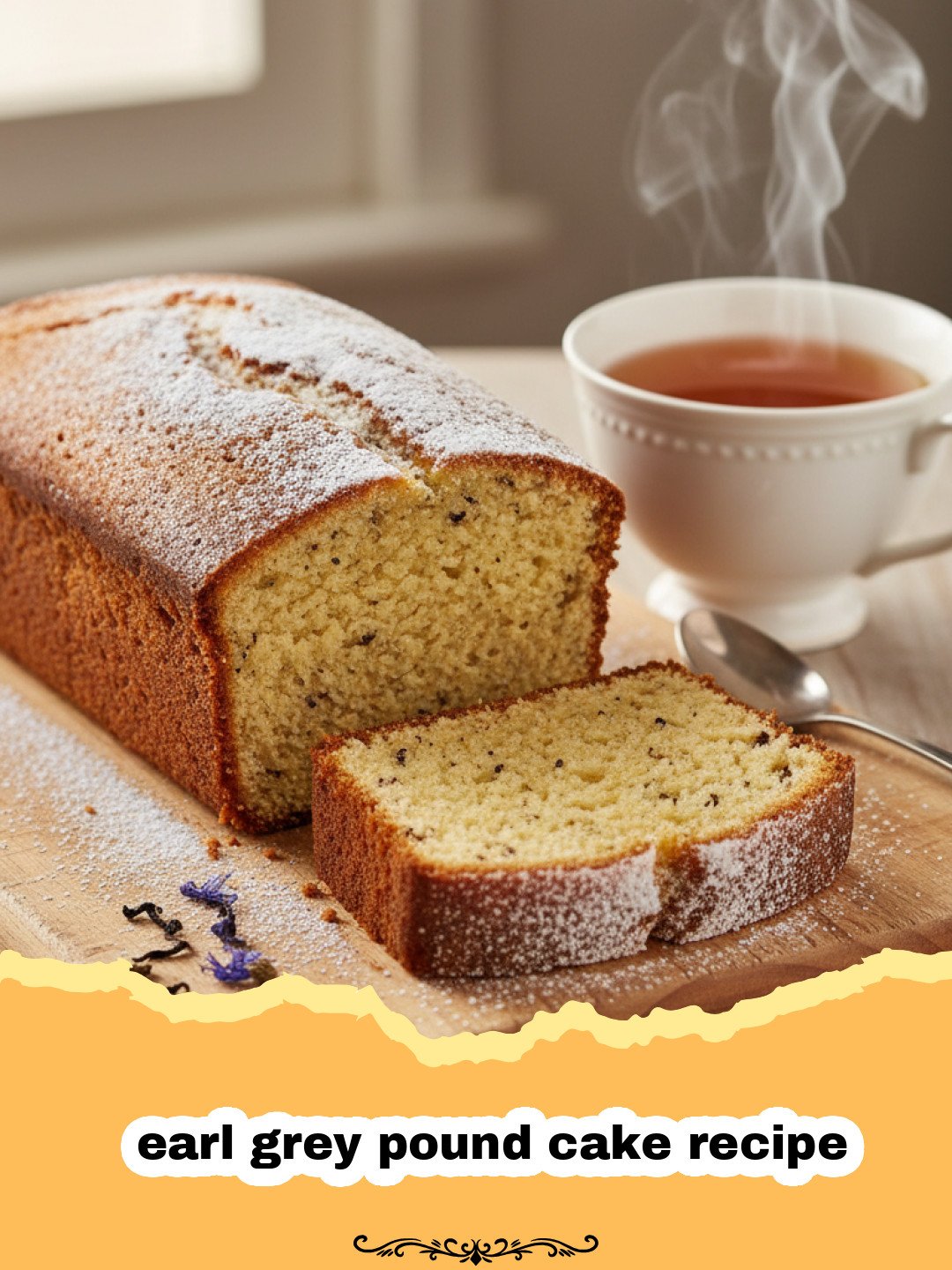 earl grey pound cake recipe - A beautiful slice of Earl Grey pound cake showing tea leaf speckles and a golden crust.