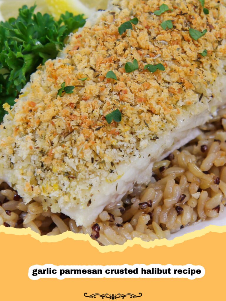 The Ultimate Garlic Parmesan Crusted Halibut: Flaky Perfection Every Time! 5 Close-up of a perfectly cooked garlic parmesan crusted halibut fillet on a plate, garnished with fresh parsley and a lemon wedge.