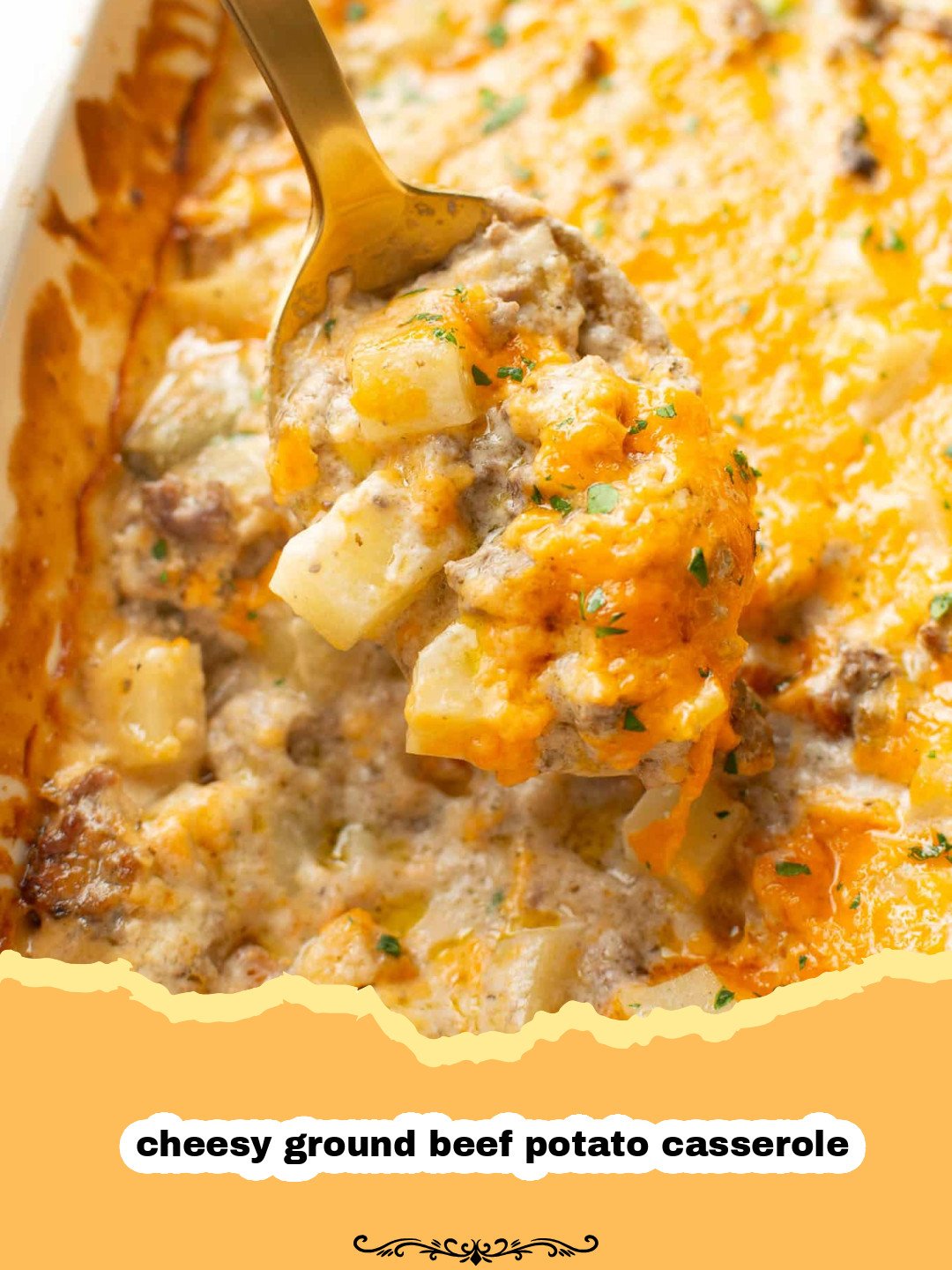 Close-up of a bubbling Cheesy Ground Beef Potato Casserole in a baking dish, with melted golden cheese and visible layers of potatoes and beef.