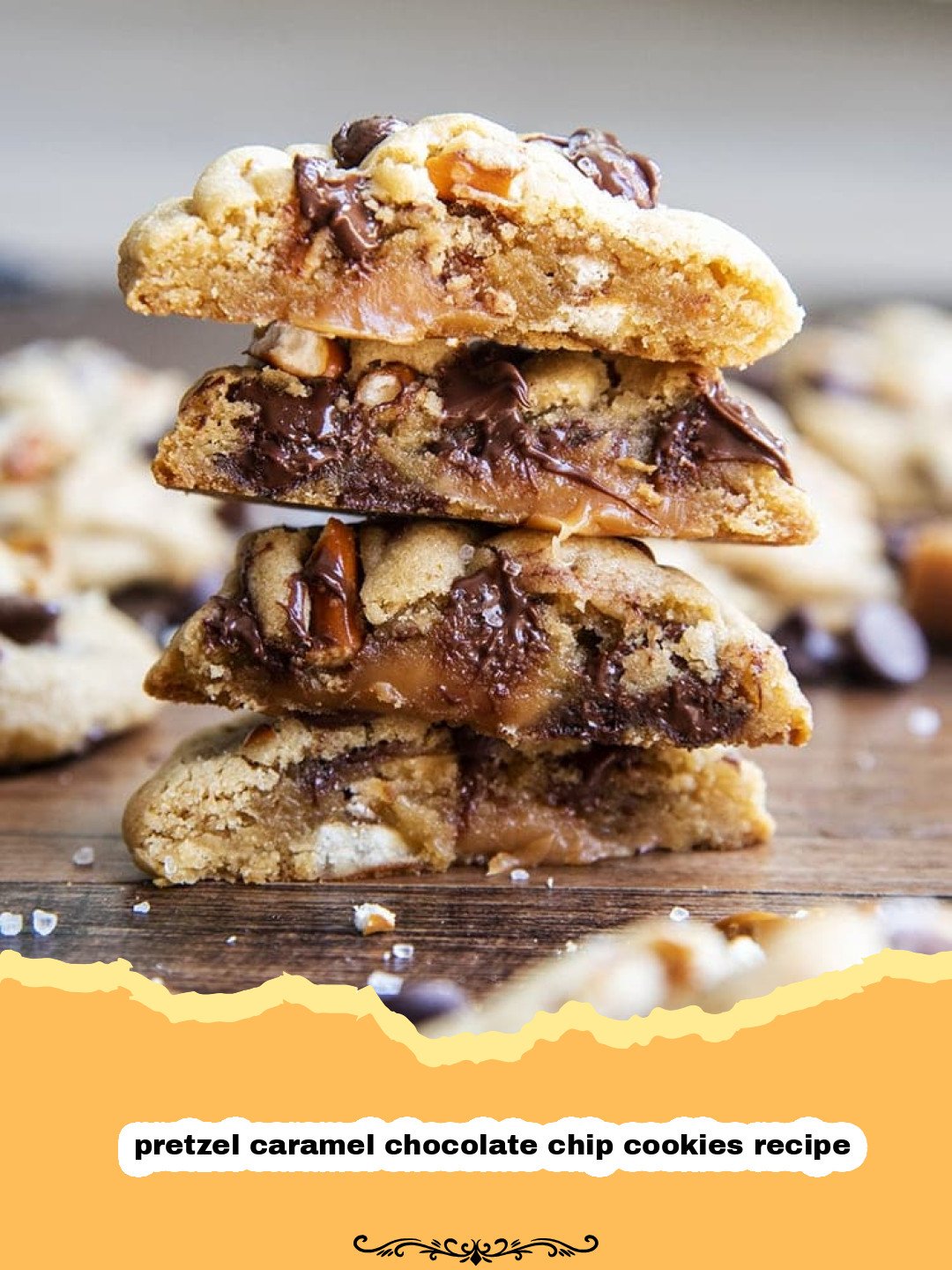 The Ultimate Pretzel Caramel Chocolate Chip Cookies: Sweet, Salty, & Irresistible! 3 Delicious pretzel caramel chocolate chip cookies stacked on a cooling rack with some crumbs around them.
