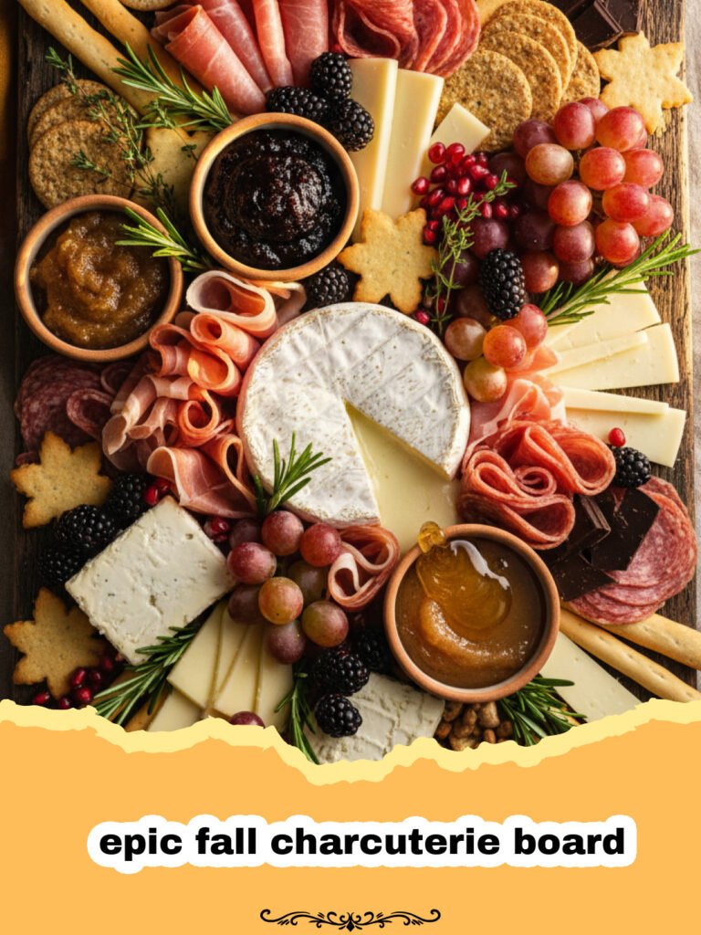 A lavishly decorated epic fall charcuterie board with brie, cheddar, apples, and prosciutto.