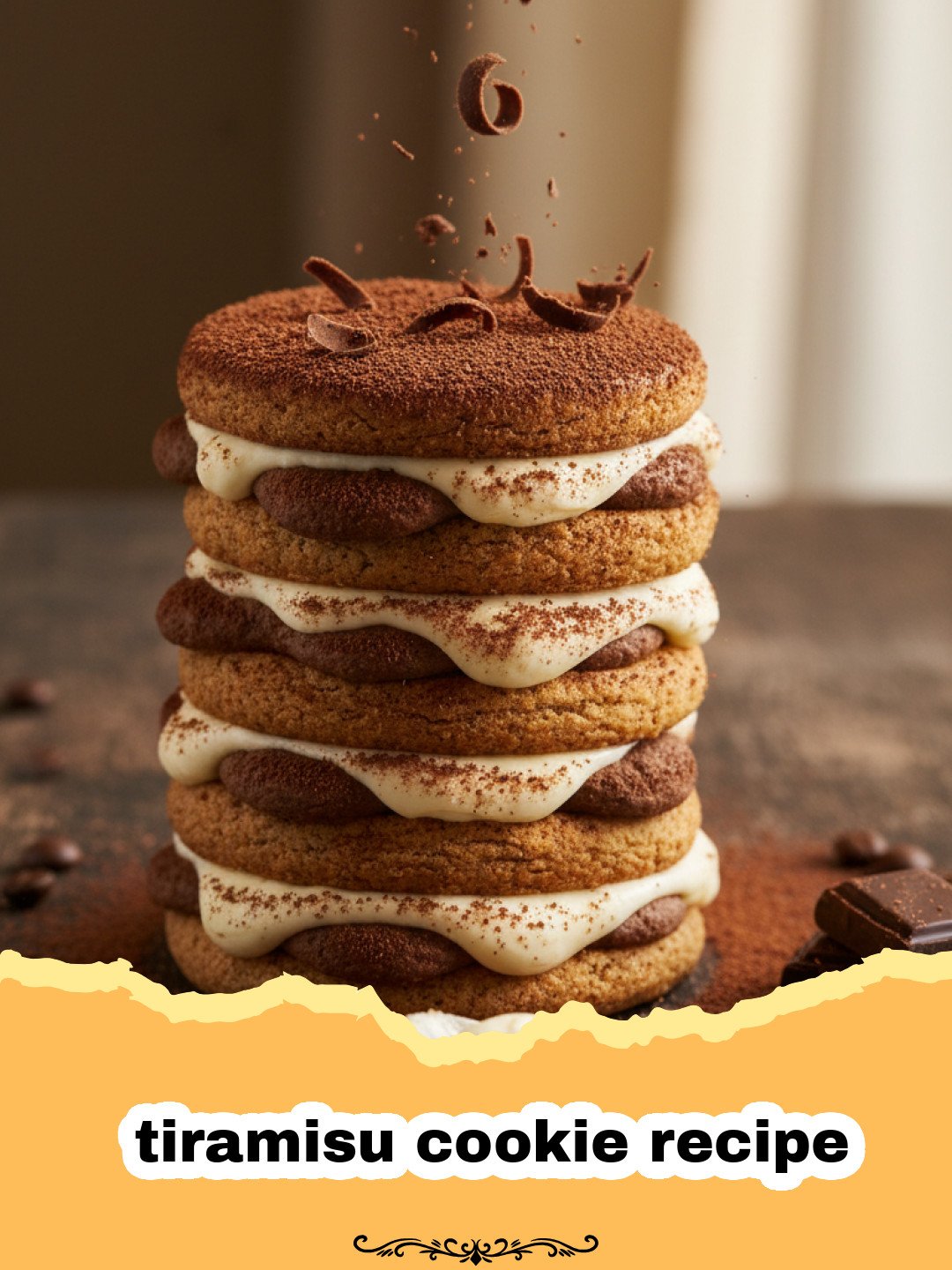 tiramisu cookie recipe - A stack of espresso cookies topped with white mascarpone frosting and a dusting of cocoa powder.