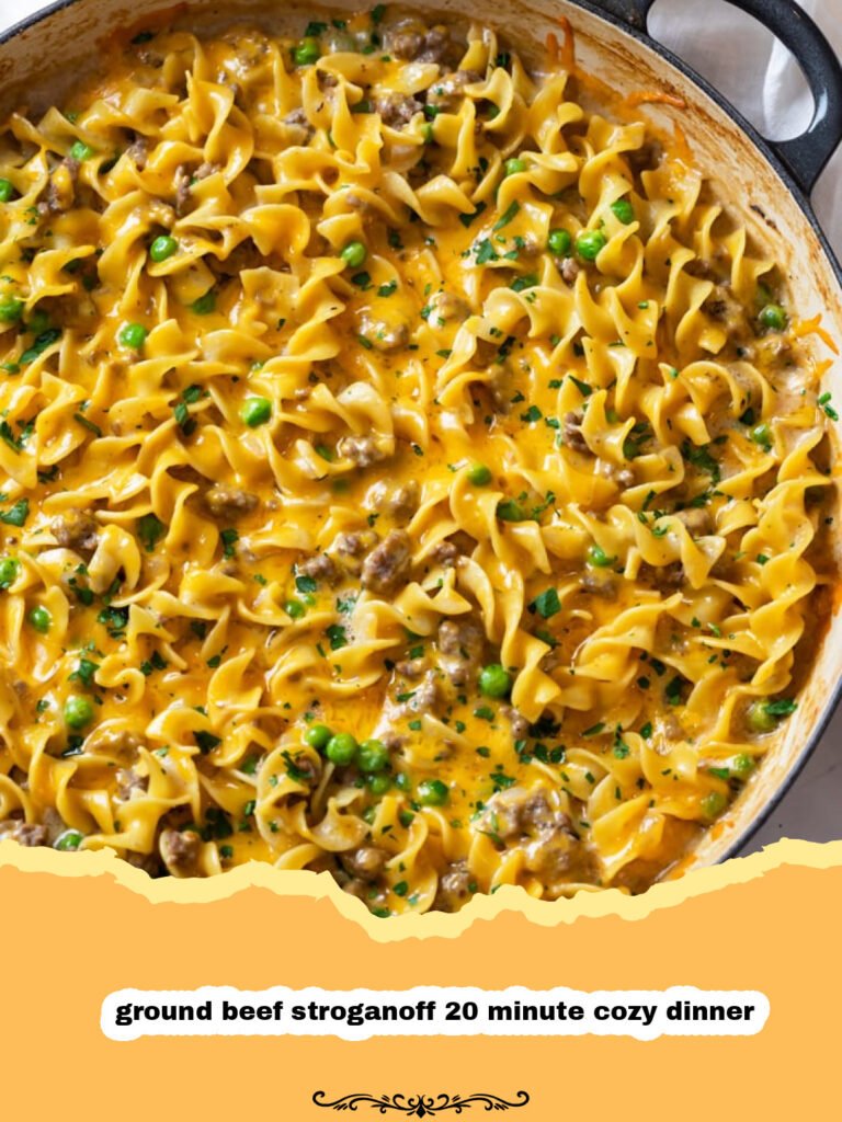 Ground Beef Stroganoff: Your New Favorite 20-Minute Cozy Dinner 5 A bowl of creamy ground beef stroganoff served over egg noodles, garnished with fresh parsley.