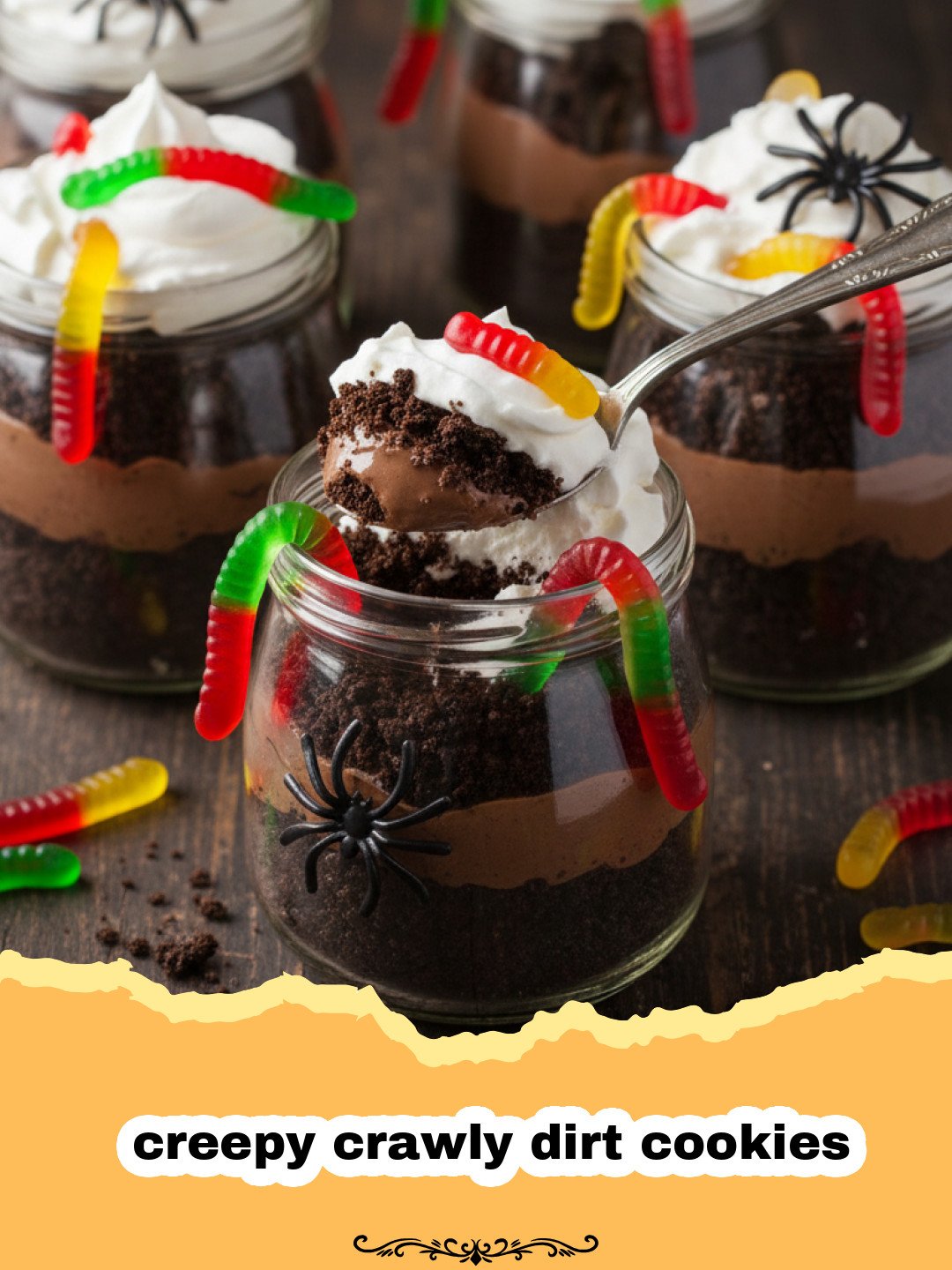 Creepy Crawly Dirt Cookies: The Best Halloween Treat 3 A close up of creepy crawly dirt cookies with gummy worms coming out of chocolate crumbs