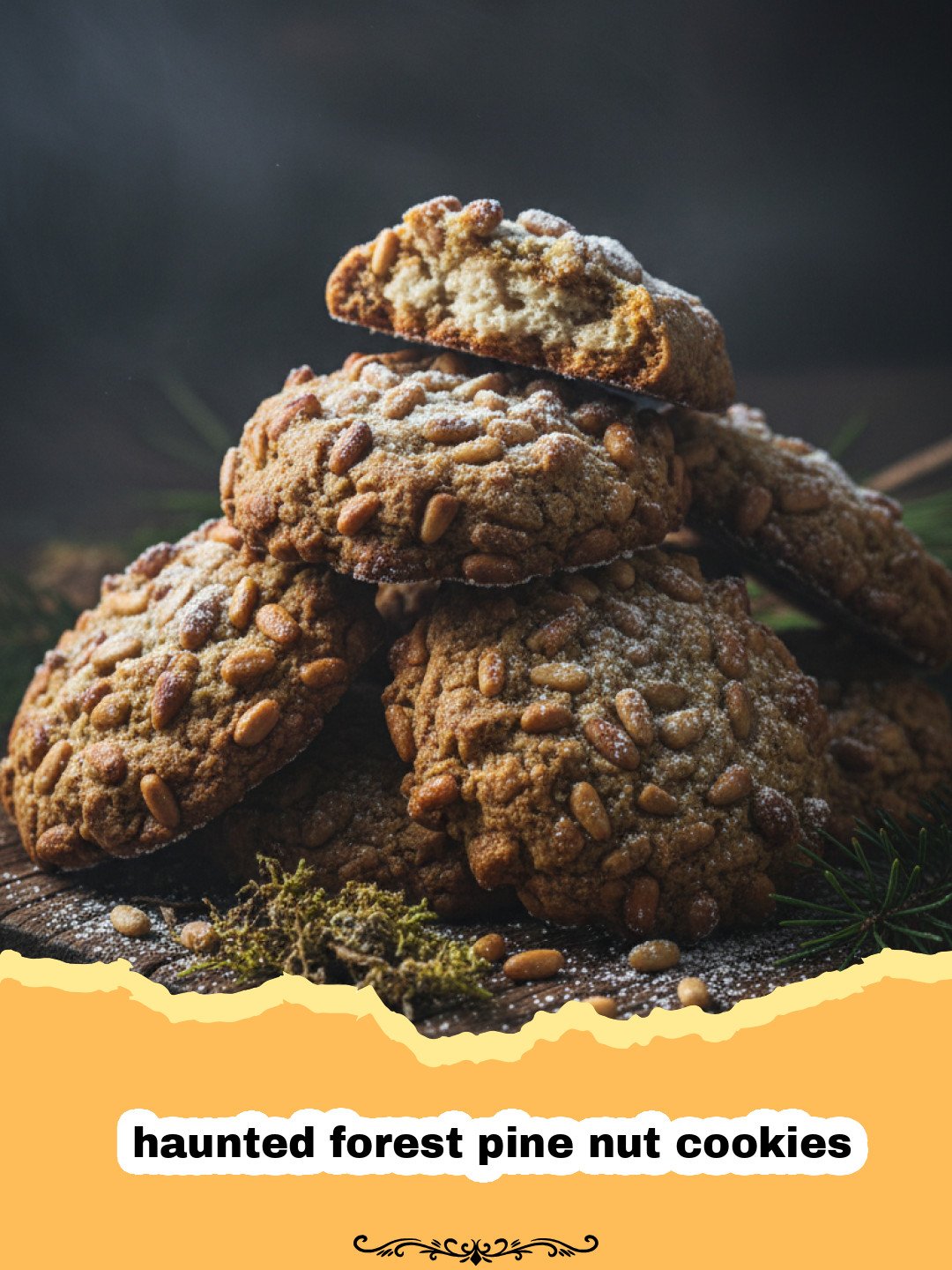 The Ultimate Haunted Forest Pine Nut Cookies 3 A stack of golden brown haunted forest pine nut cookies with visible toasted nuts and chocolate chips.