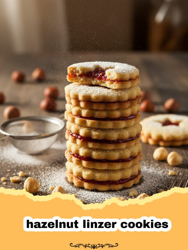 hazelnut linzer cookies - Hazelnut Linzer Cookies stacked on a wooden board