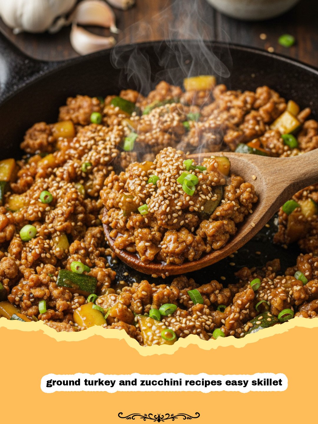 A close-up shot of a ground turkey and zucchini recipes easy skillet meal in a black pan.
