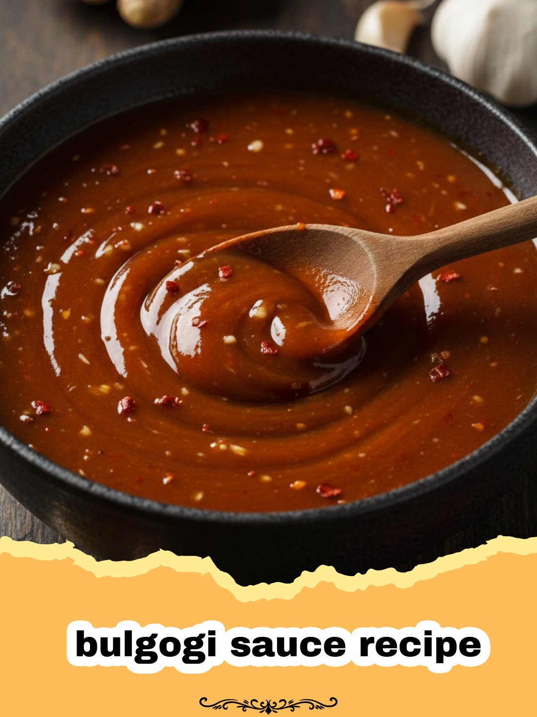 bulgogi sauce recipe - A glass bowl filled with authentic bulgogi sauce next to fresh garlic and ginger.