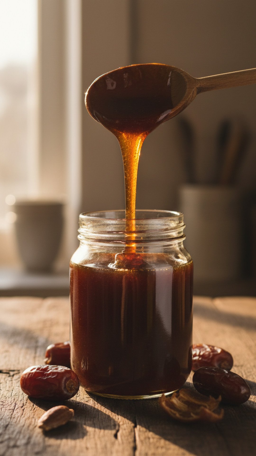 A jar of golden homemade date syrup with fresh dates scattered around