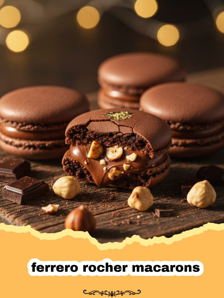 Decadent Ferrero Rocher Macarons: The Ultimate Hazelnut Chocolate Treat 5 A stack of ferrero rocher macarons with chocolate drizzle and crushed hazelnuts