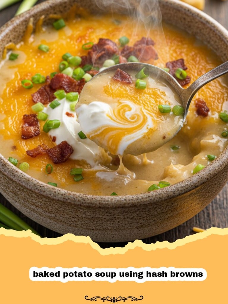 A bowl of creamy baked potato soup using hash browns topped with cheese and bacon