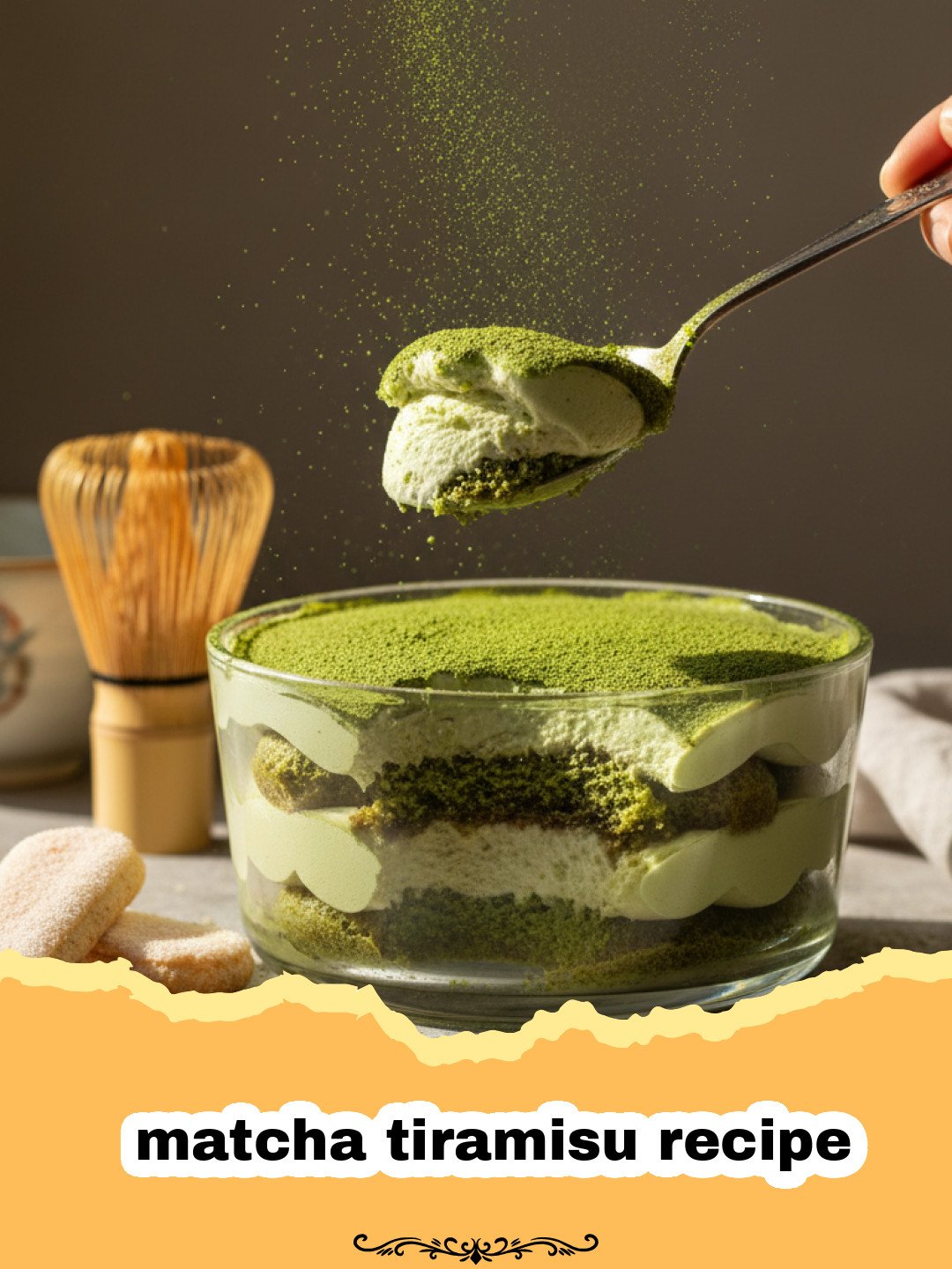 The Ultimate Creamy Matcha Tiramisu Recipe 3 matcha tiramisu recipe - A close-up shot of a slice of matcha tiramisu showing distinct green and white layers dusted with matcha powder.