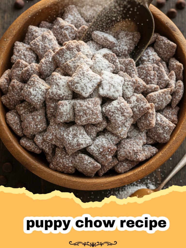puppy chow recipe - A large bowl filled with powdered sugar-coated puppy chow snack mix.