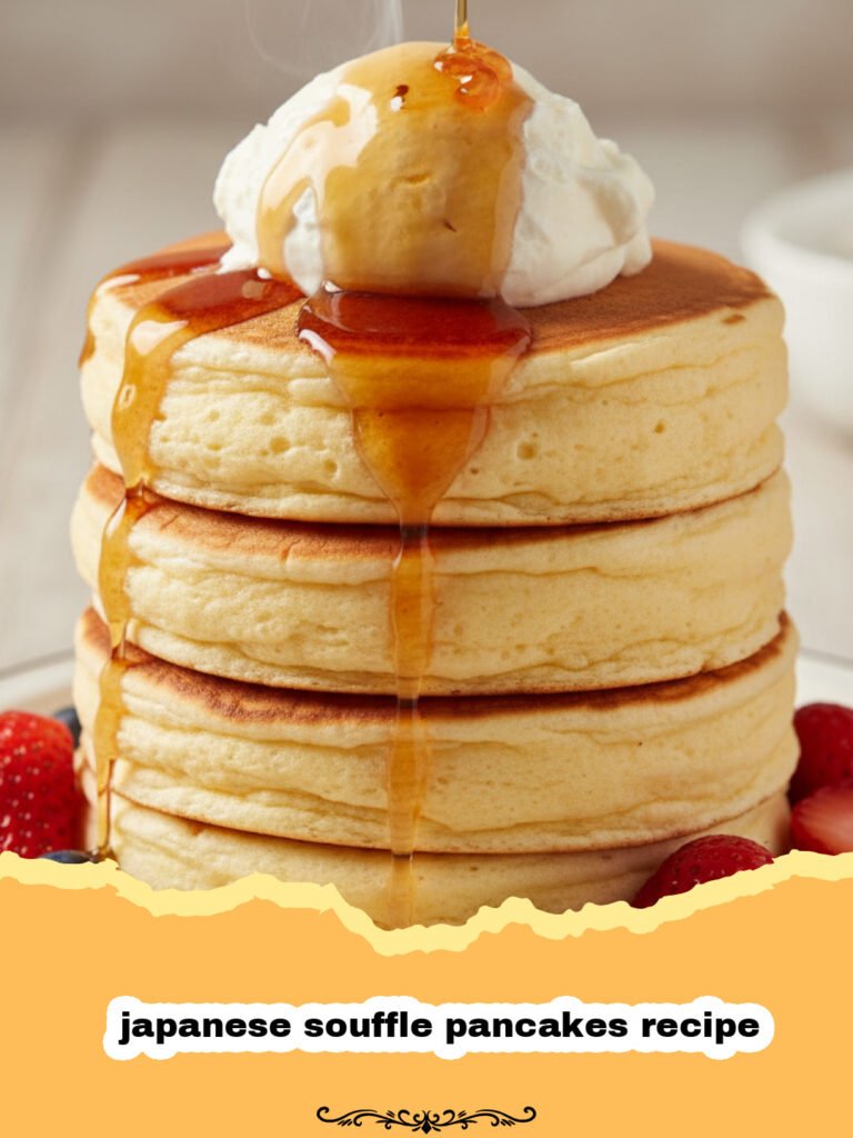 japanese souffle pancakes recipe - Tall and wobbly Japanese souffle pancakes stacked on a plate with maple syrup