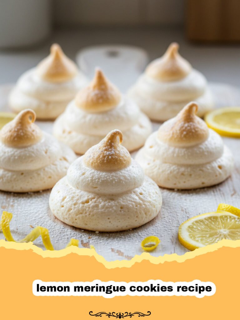 Light and Zesty: The Ultimate Lemon Meringue Cookies Recipe 5 lemon meringue cookies recipe - A pile of pale yellow lemon meringue cookies on a white plate with lemon slices in the background.