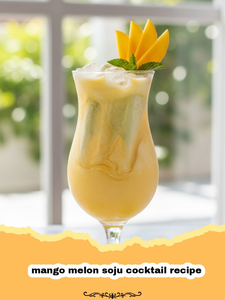 mango melon soju cocktail recipe - A vibrant mango melon soju cocktail with a green popsicle and fresh mango chunks in a tall glass.