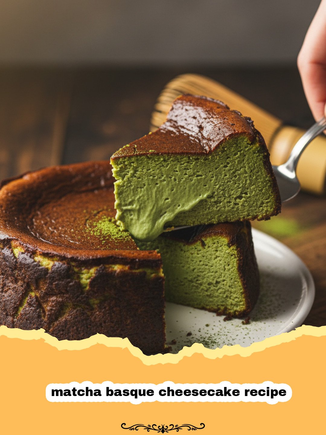 matcha basque cheesecake recipe - A slice of vibrant green matcha basque cheesecake with a dark burnt top on a white plate.