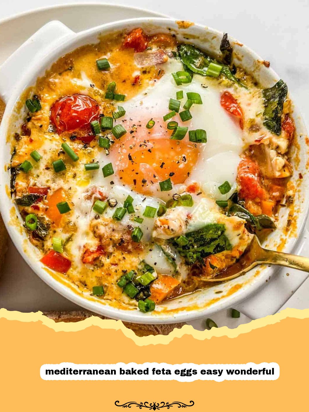 Savor the Morning: Easy & Wonderful Mediterranean Baked Feta Eggs 3 Close-up of a skillet of Mediterranean baked feta eggs, with bright red burst cherry tomatoes and fresh parsley.