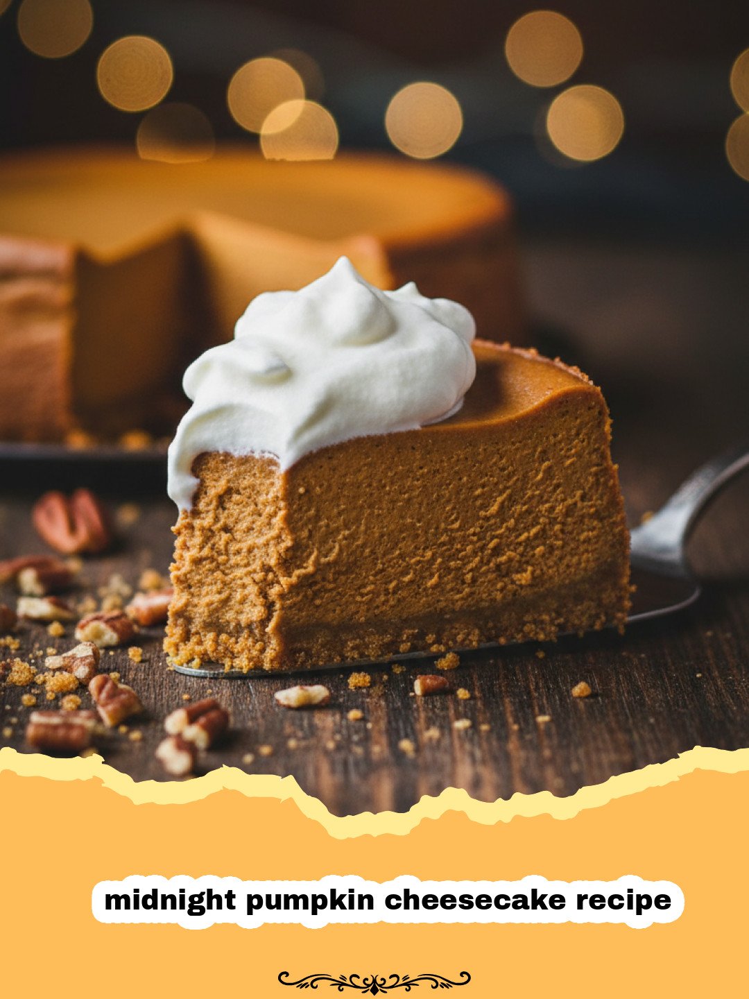 Midnight Pumpkin Cheesecake Recipe with Dark Chocolate Crust 3 midnight pumpkin cheesecake recipe - A slice of midnight pumpkin cheesecake with a dark chocolate crust and orange filling on a black plate.