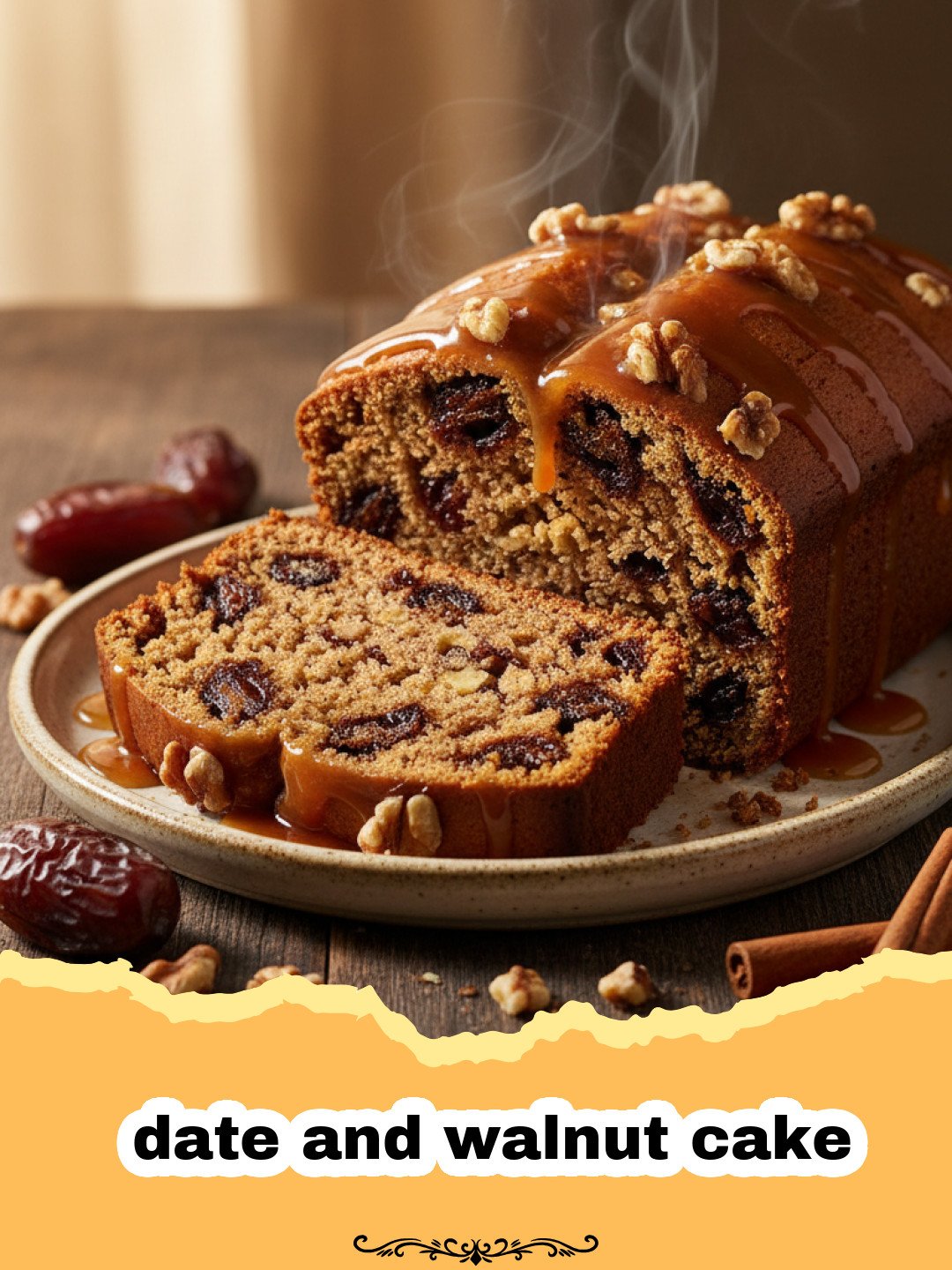 A close-up of a sliced date and walnut cake showing the moist crumb and crunchy walnuts.