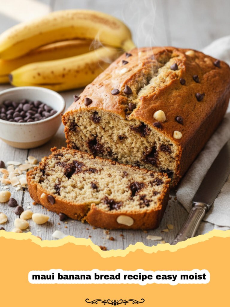 maui banana bread recipe easy moist - A golden brown loaf of Maui banana bread sliced on a wooden board.