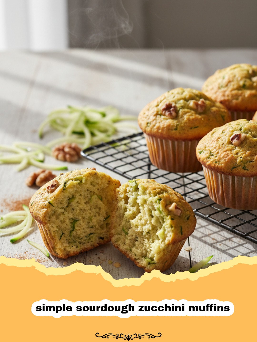 A stack of golden brown simple sourdough zucchini muffins on a wire cooling rack.
