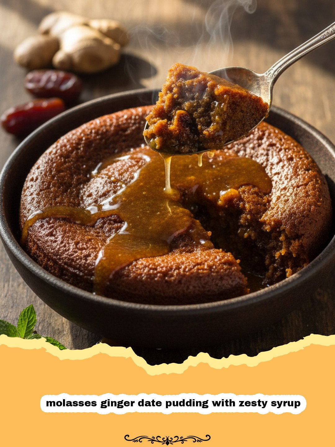 A slice of molasses ginger date pudding with zesty syrup on a white plate with orange zest garnish.