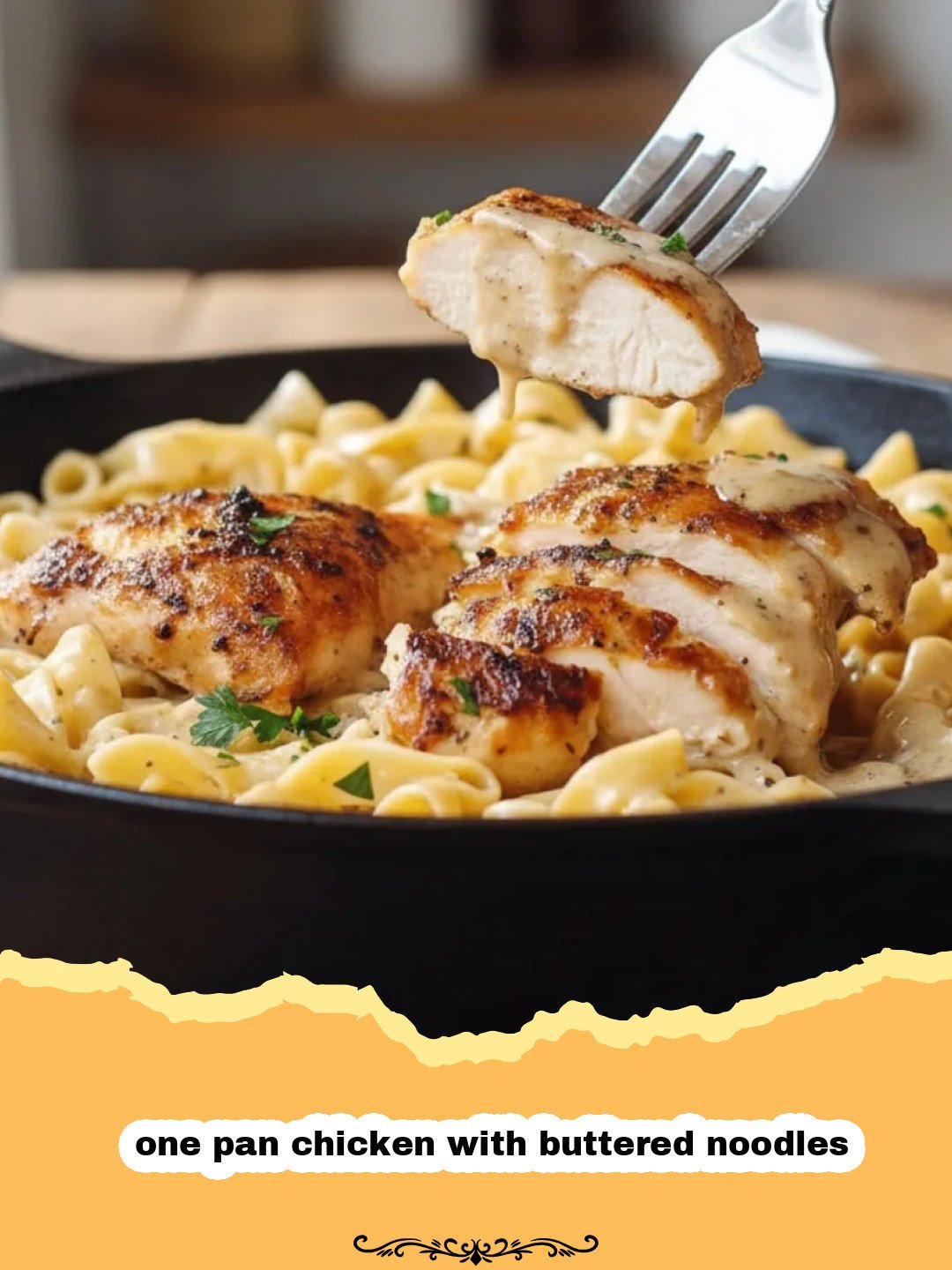 Close-up of golden brown chicken thighs nestled among tender buttered egg noodles in a cast iron skillet, garnished with fresh parsley.