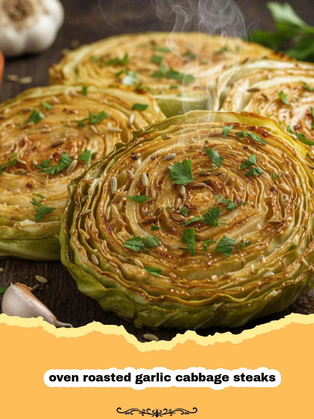 Close-up of perfectly oven roasted garlic cabbage steaks with crispy edges and a golden brown color.