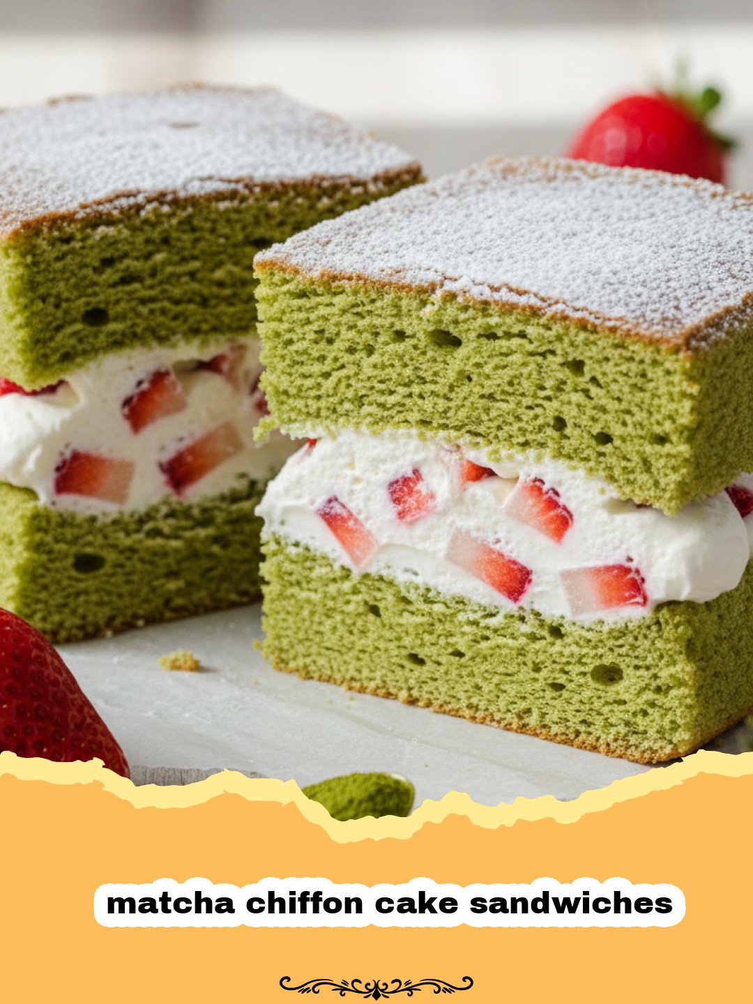 Matcha Chiffon Cake Sandwiches: Light, Airy, and Perfectly Sweet 3 A plate of vibrant green matcha chiffon cake sandwiches filled with white whipped cream and fresh red strawberries.