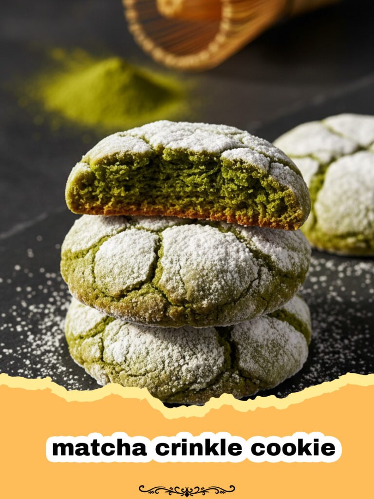 Vibrant Matcha Crinkle Cookies: The Perfect Earthy and Sweet Treat 5 Vibrant green matcha crinkle cookies with a white powdered sugar crackle on a cooling rack.