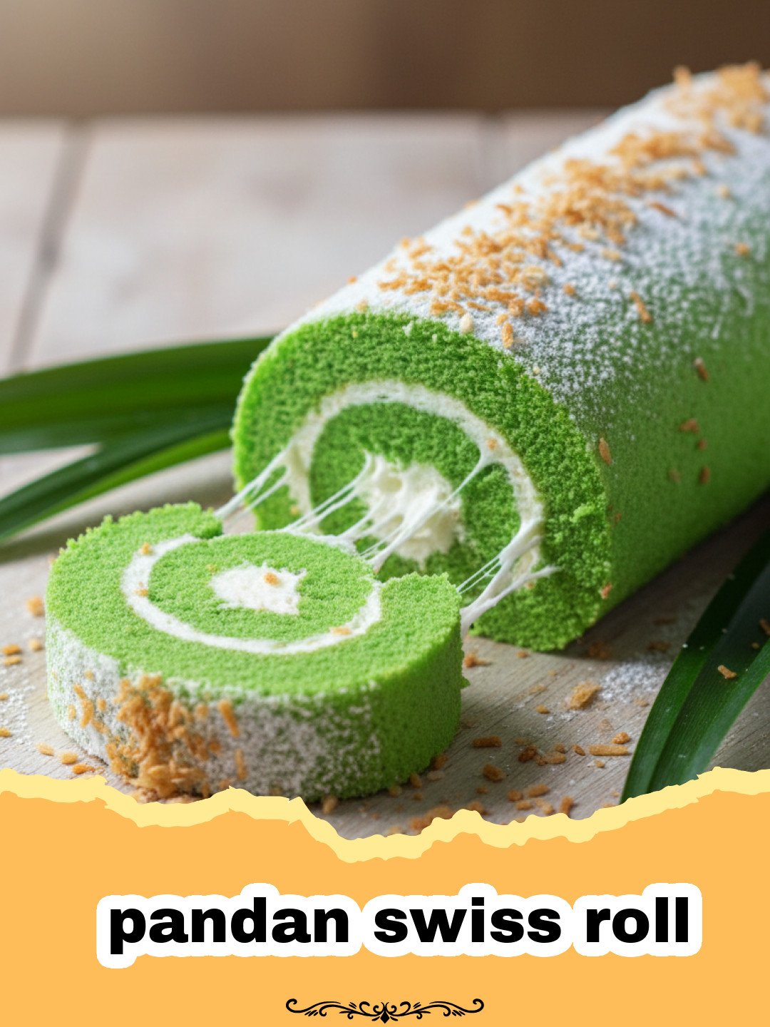 The Ultimate Pandan Swiss Roll Recipe: Light and Fragrant 3 pandan swiss roll - A beautiful green Pandan Swiss Roll with white cream filling on a wooden board.