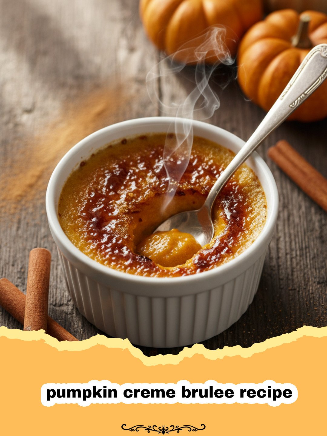 pumpkin creme brulee recipe - A close-up of a pumpkin creme brulee with a caramelized sugar crust and a small pumpkin garnish.