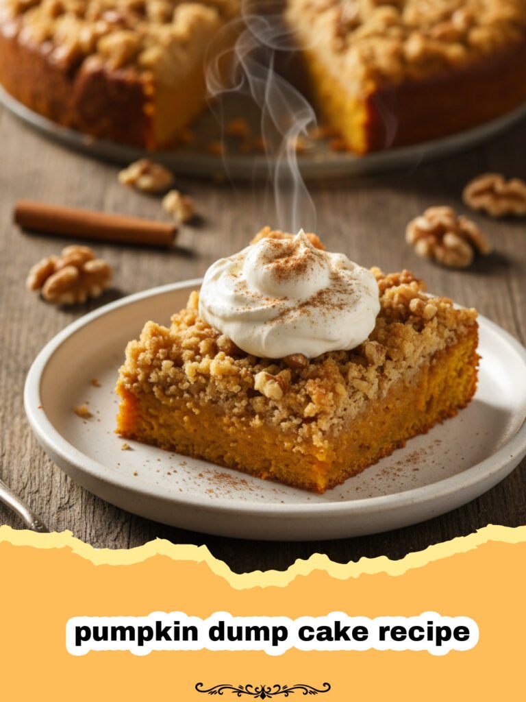 The Perfect Fall Pumpkin Dump Cake Recipe 5 pumpkin dump cake recipe - A close-up of a warm slice of pumpkin dump cake with whipped cream on top.