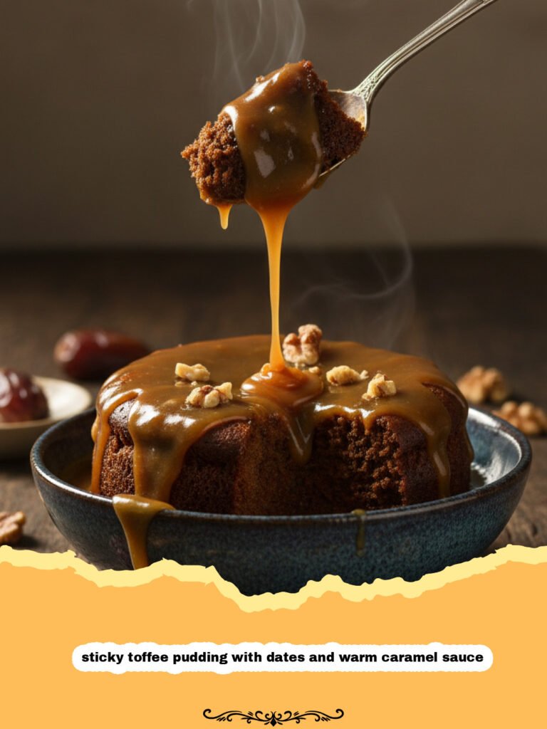 A close up of a slice of sticky toffee pudding with dates and warm caramel sauce being drizzled with extra sauce.