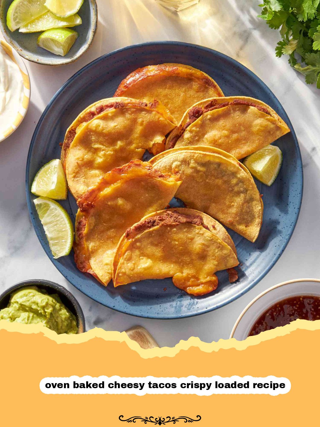 A baking sheet filled with golden-brown oven baked cheesy tacos crispy loaded with melted cheese and ready for toppings.