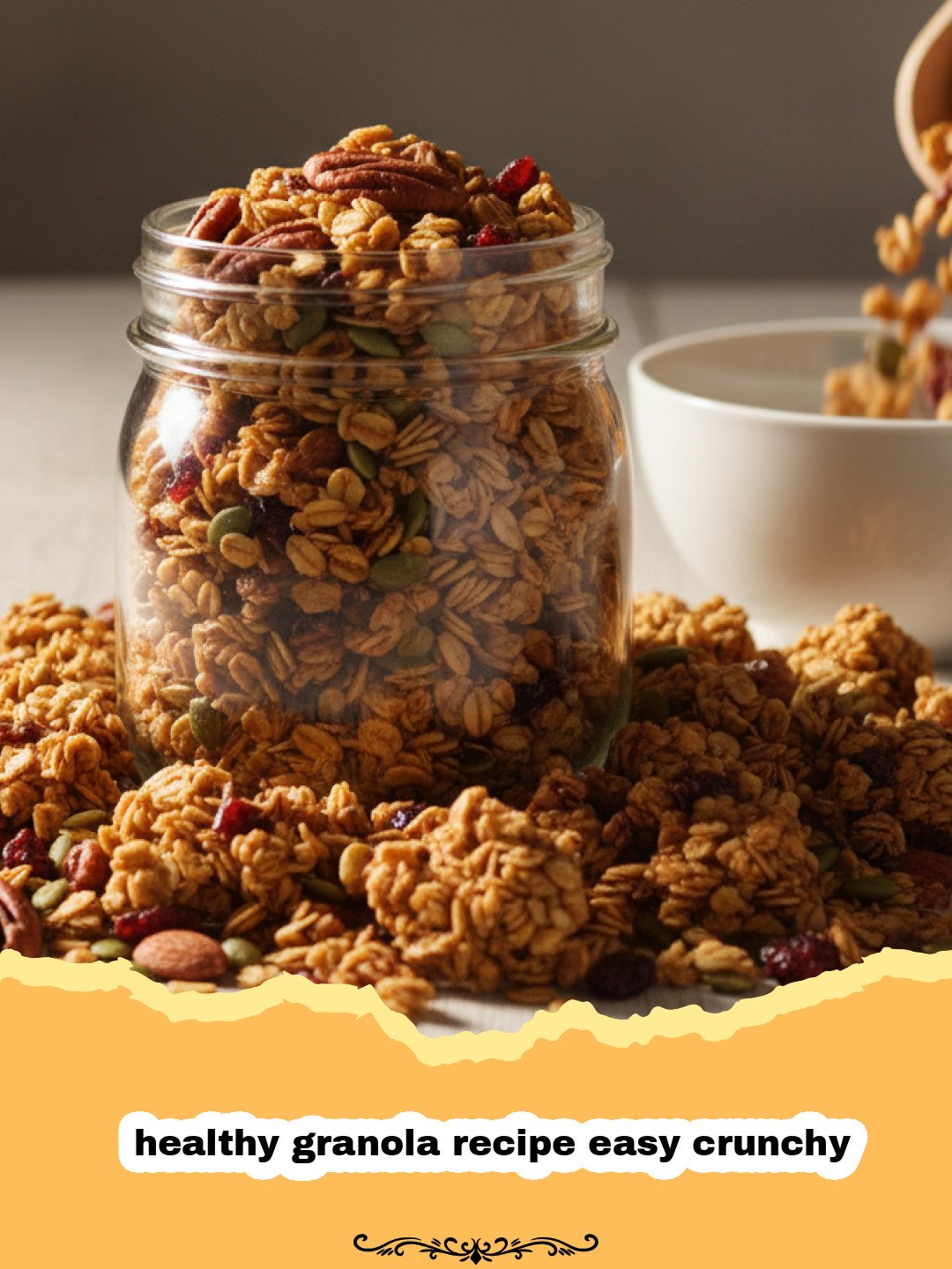 A close-up of golden brown, crunchy homemade granola with nuts and dried fruit in a bowl.