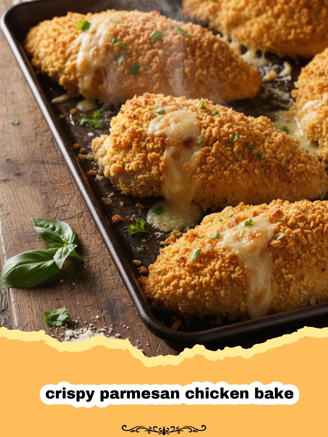 Close-up of golden brown crispy parmesan chicken bake on a baking sheet, garnished with fresh parsley and a side of roasted broccoli.