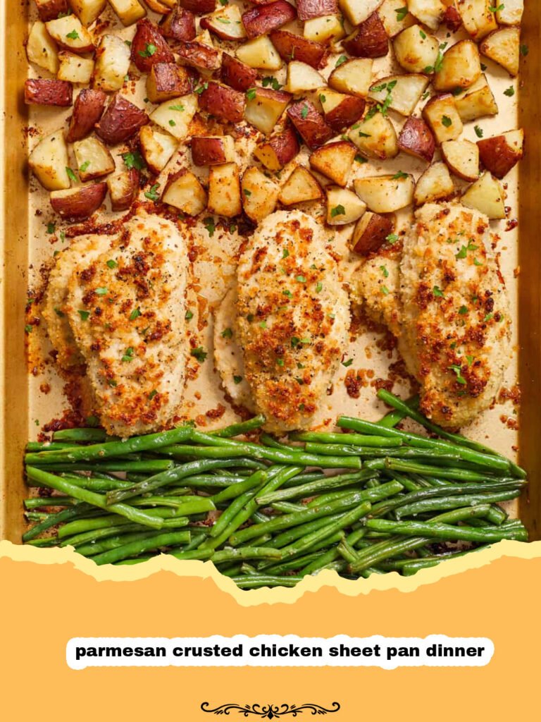 The Ultimate Parmesan Crusted Chicken Sheet Pan Dinner: Your New Weeknight Hero! 5 Golden brown parmesan crusted chicken breasts with roasted broccoli and bell peppers on a single sheet pan.
