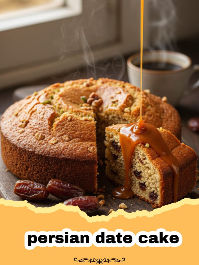 Authentic Persian Date Cake: A Moist Cardamom-Infused Delight 5 persian date cake - A moist slice of Persian date cake served on a decorative plate with a cup of tea.