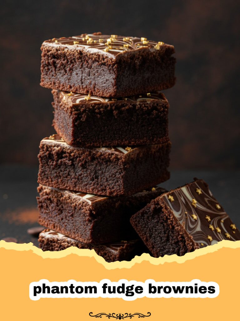 A stack of dark, fudgy phantom fudge brownies with a crackly top on a rustic wooden board.