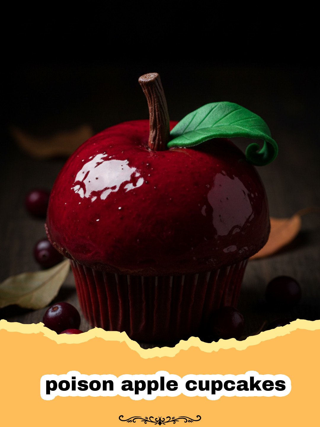 The Most Magical Poison Apple Cupcakes for Halloween 3 A tray of shiny red poison apple cupcakes with chocolate stems.