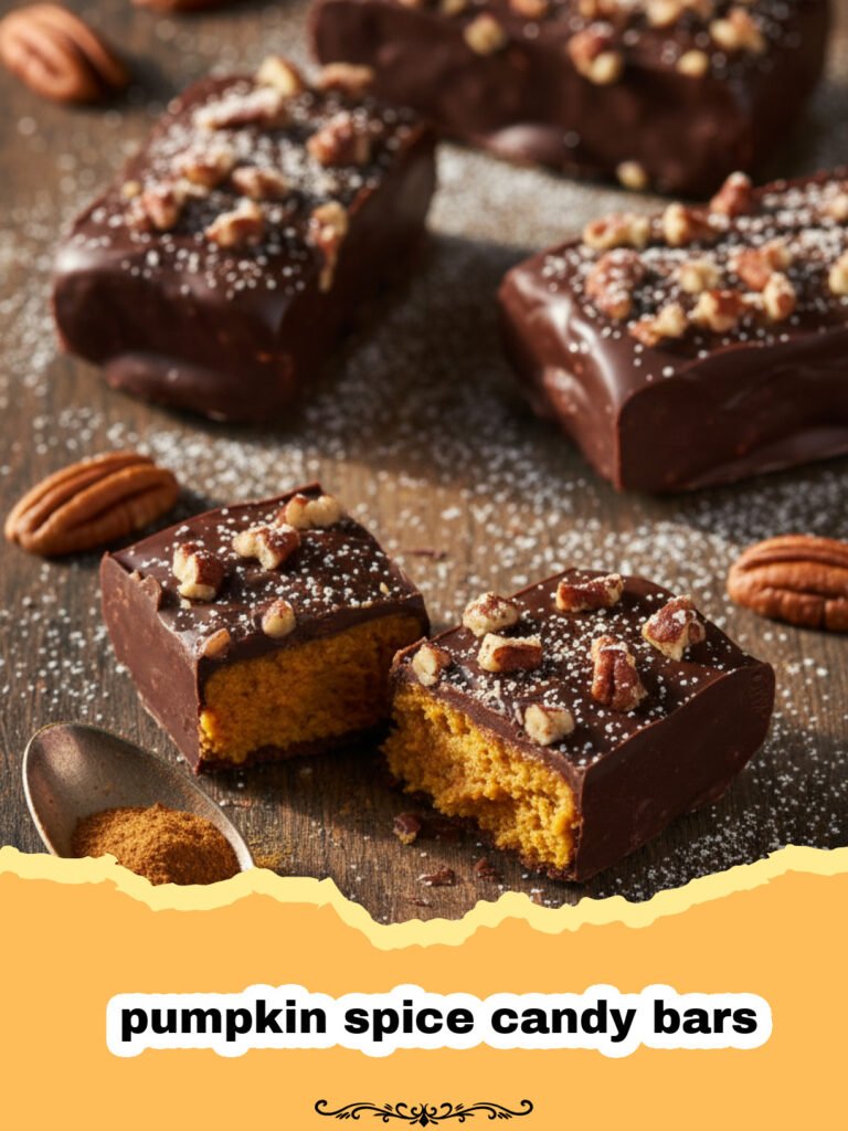 A close-up of sliced pumpkin spice candy bars showing the three distinct layers of crust, pumpkin, and chocolate.